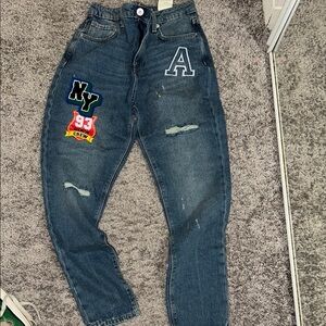 Blue Ankle Cropped Jeans with Distressed Details